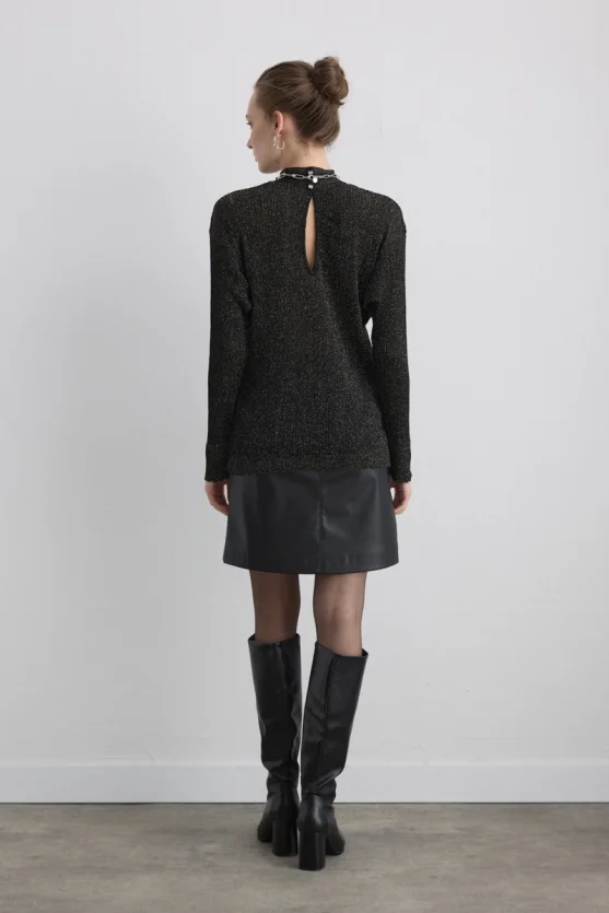 Button Neck Rayon Knit Blouse Black - 5