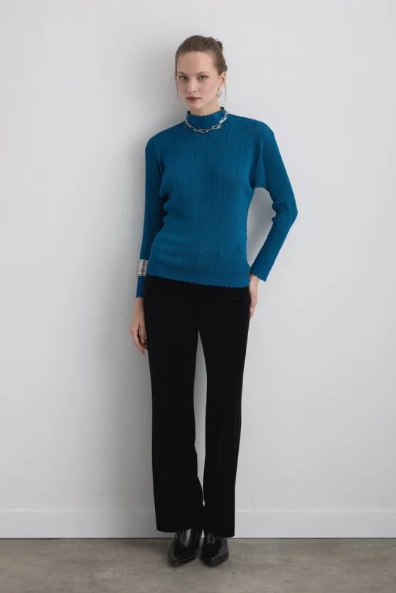 Button Neck Rayon Knit Blouse Blue - 4