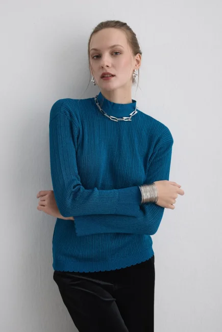 Button Neck Rayon Knit Blouse Blue