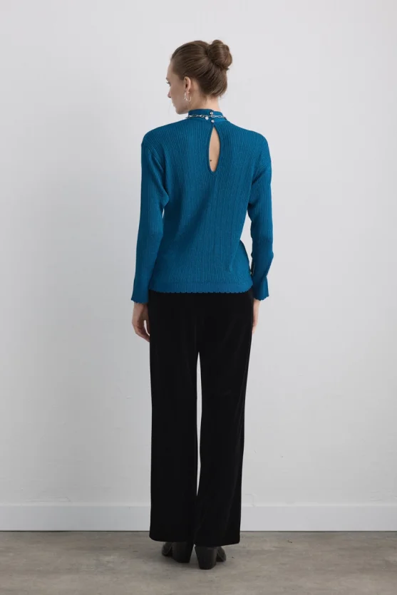 Button Neck Rayon Knit Blouse Blue - Gusto