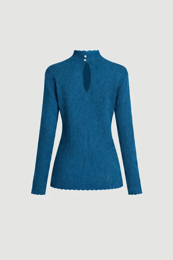 Button Neck Rayon Knit Blouse Blue - 8