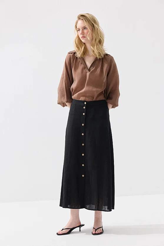 Buttoned A-Line Long Linen Skirt - Black - Gusto