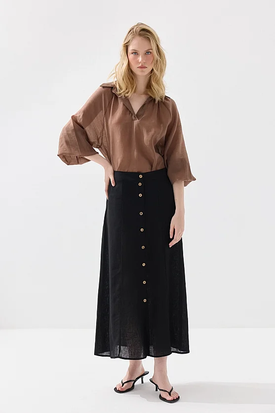 Buttoned A-Line Long Linen Skirt - Black - Gusto