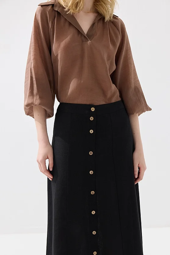 Buttoned A-Line Long Linen Skirt - Black - Gusto