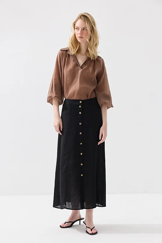 Buttoned A-Line Long Linen Skirt - Black - Gusto