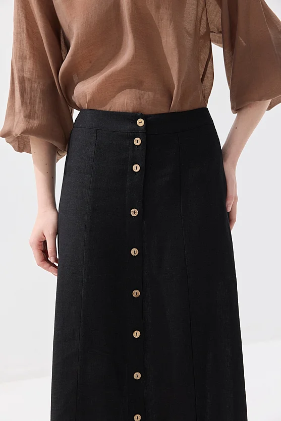 Buttoned A-Line Long Linen Skirt - Black - Gusto