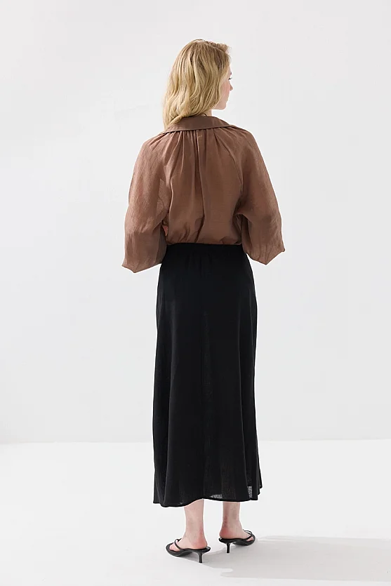 Buttoned A-Line Long Linen Skirt - Black - Gusto