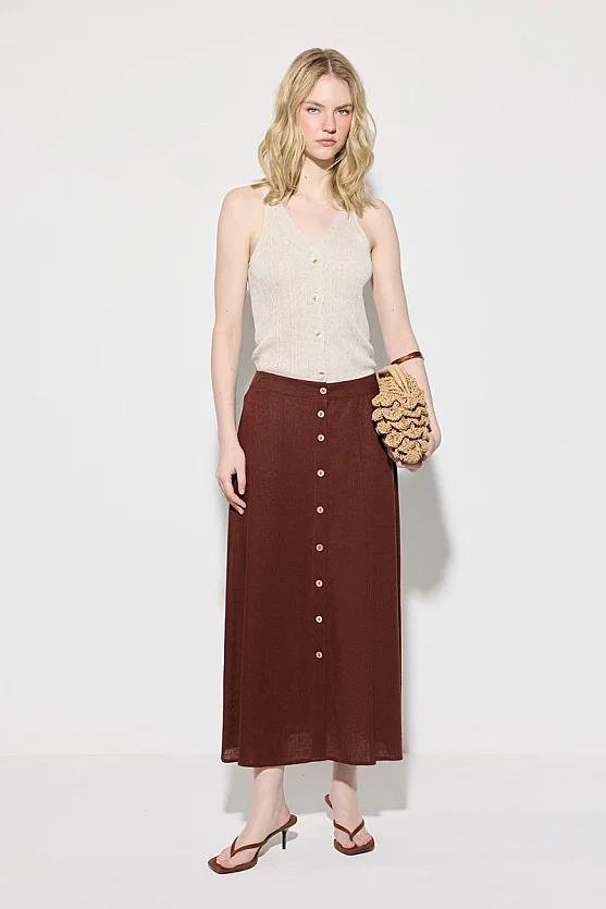 Buttoned A-Line Long Linen Skirt - Brick Red - Gusto