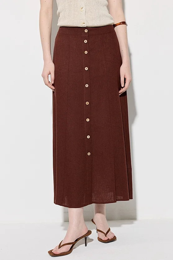 Buttoned A-Line Long Linen Skirt - Brick Red - Gusto