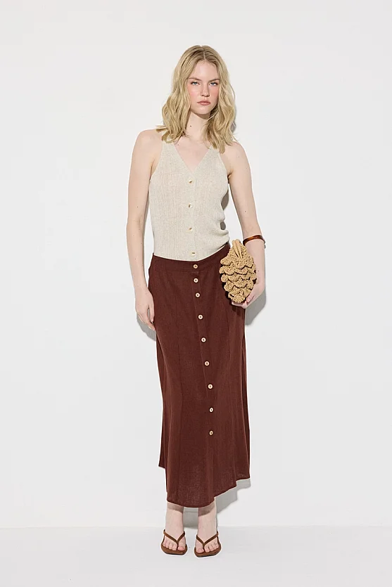 Buttoned A-Line Long Linen Skirt - Brick Red - Gusto