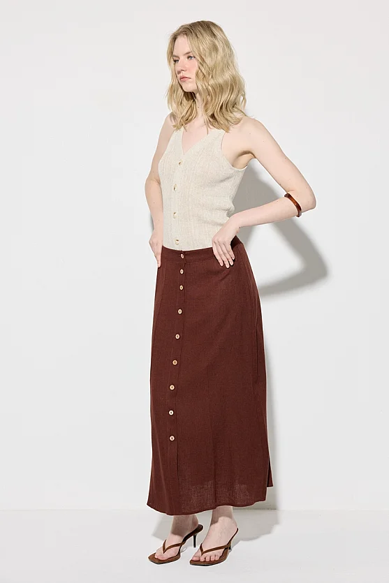Buttoned A-Line Long Linen Skirt - Brick Red - Gusto