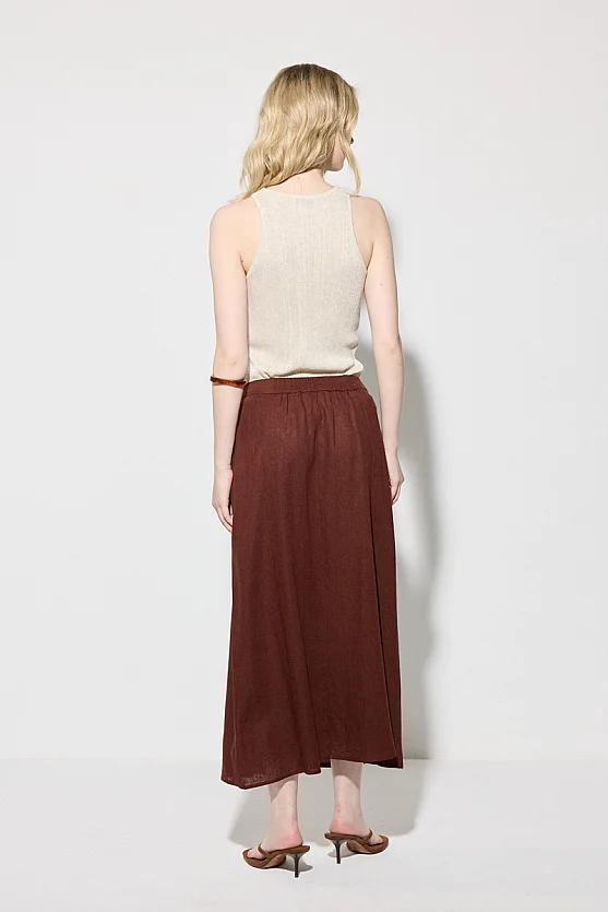 Buttoned A-Line Long Linen Skirt - Brick Red - Gusto