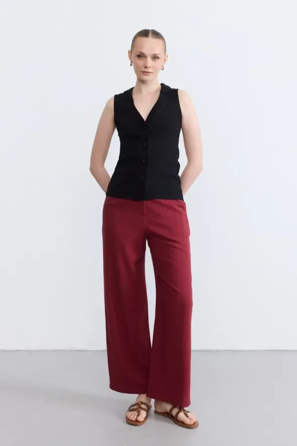 Buttoned Cotton Ribbed Polo Neck Blouse - Black - Gusto