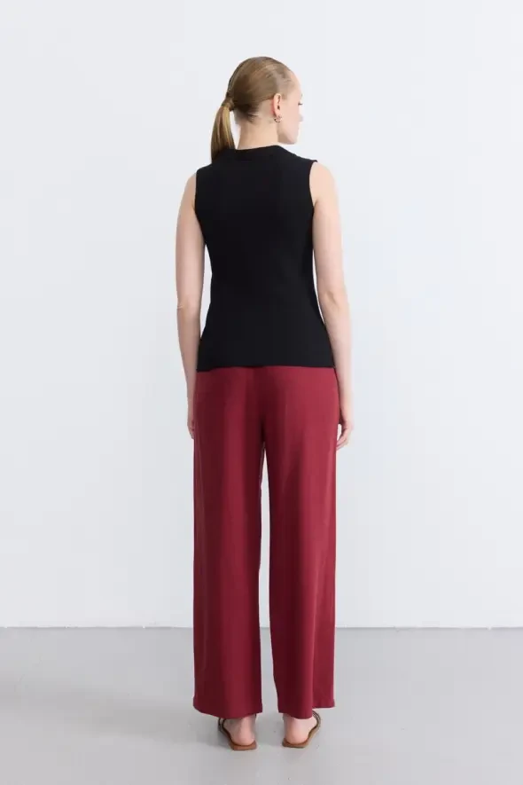 Buttoned Cotton Ribbed Polo Neck Blouse - Black - 3