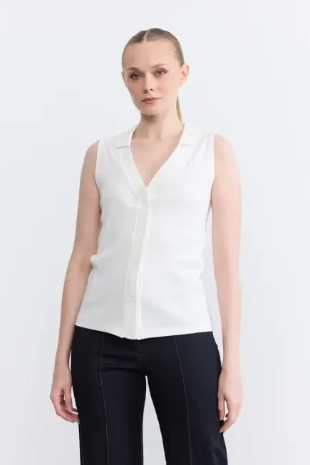 Buttoned Cotton Ribbed Polo Neck Blouse - Ecru Ecru