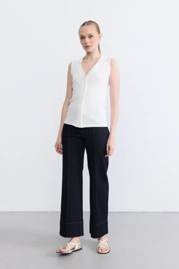 Buttoned Cotton Ribbed Polo Neck Blouse - Ecru - 2