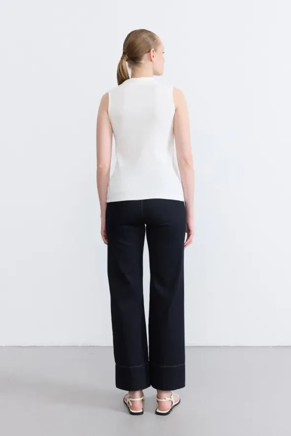 Buttoned Cotton Ribbed Polo Neck Blouse - Ecru - 5