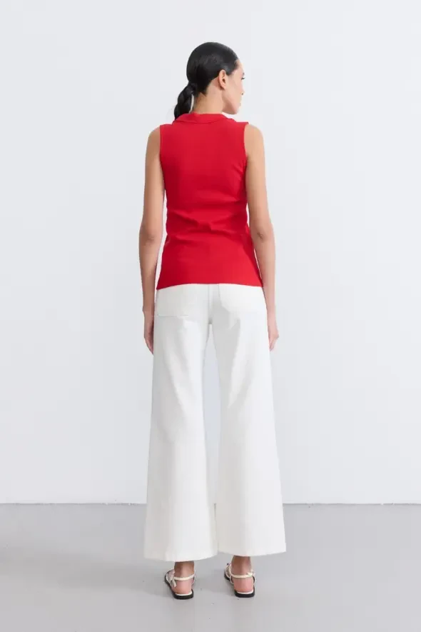 Buttoned Cotton Ribbed Polo Neck Blouse - Red - 4