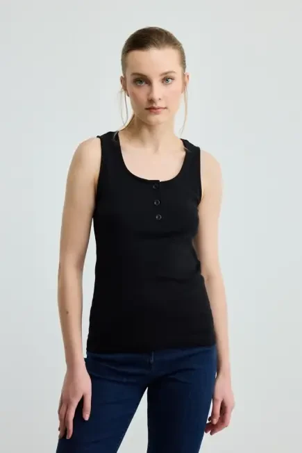 Buttoned Cotton Tank Top - Black Black