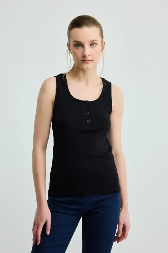 Buttoned Cotton Tank Top - Black - 1