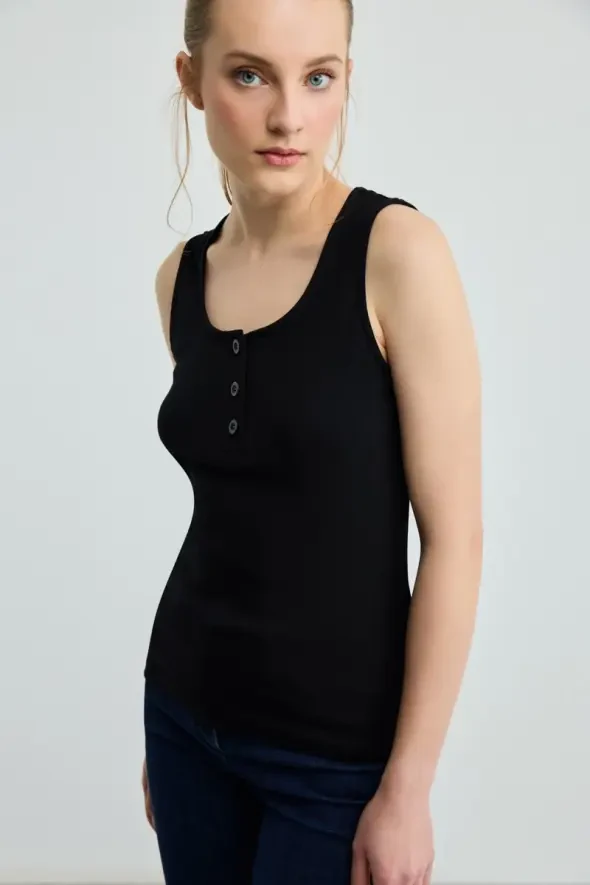 Buttoned Cotton Tank Top - Black - 2