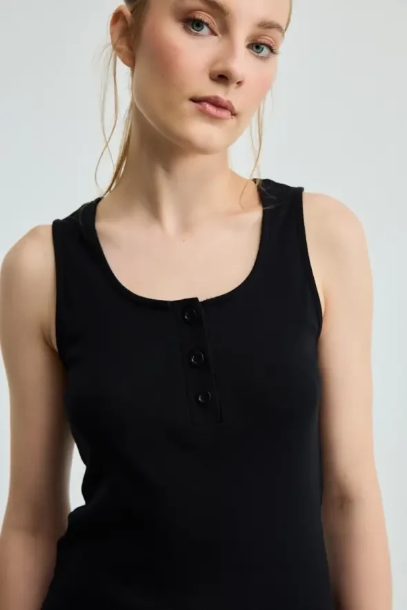 Buttoned Cotton Tank Top - Black - 3