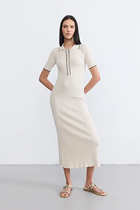 Buttoned Polo Neck Knit Dress - Ecru - Gusto