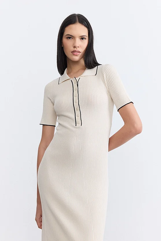 Buttoned Polo Neck Knit Dress - Ecru - 2