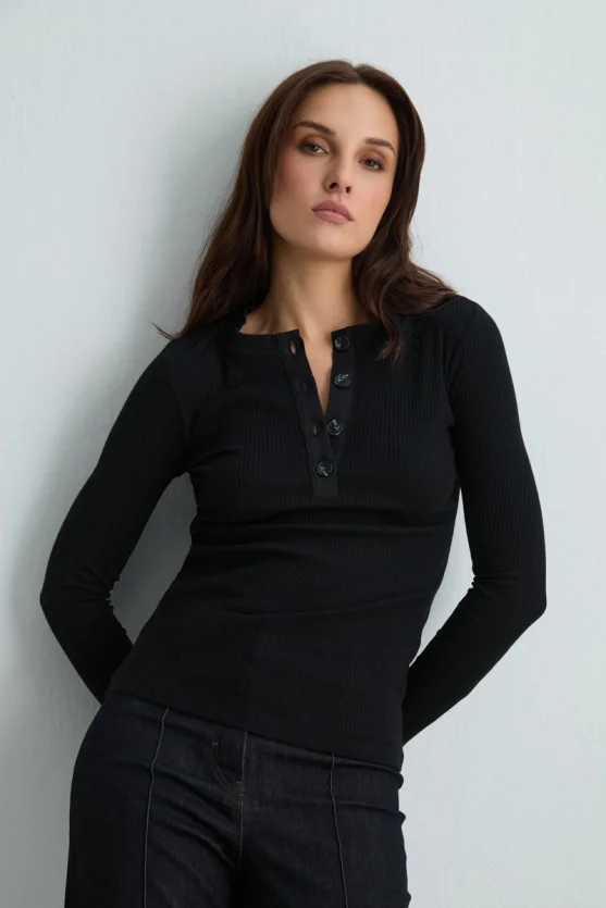 Buttoned Round Neck Cotton Ribbed Blouse Black - 3