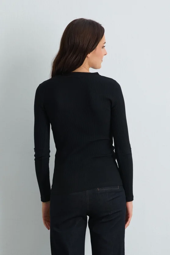 Buttoned Round Neck Cotton Ribbed Blouse Black - Gusto