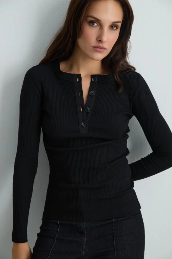 Buttoned Round Neck Cotton Ribbed Blouse Black - 1