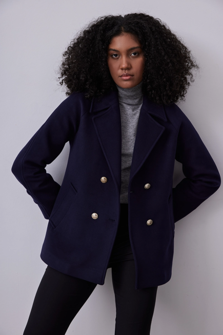 Buttoned Short Cashmere Coat - Navy Navy Blue