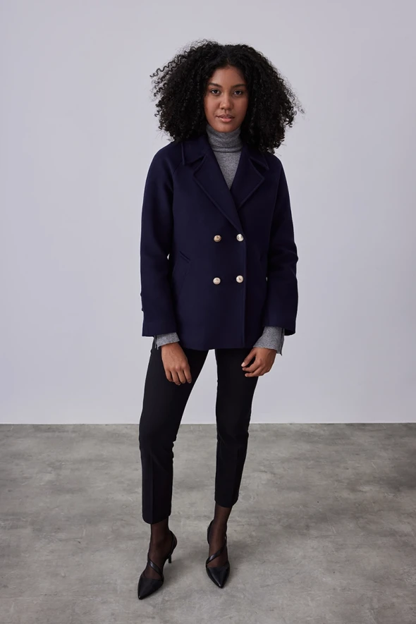 Buttoned Short Cashmere Coat - Navy - 3