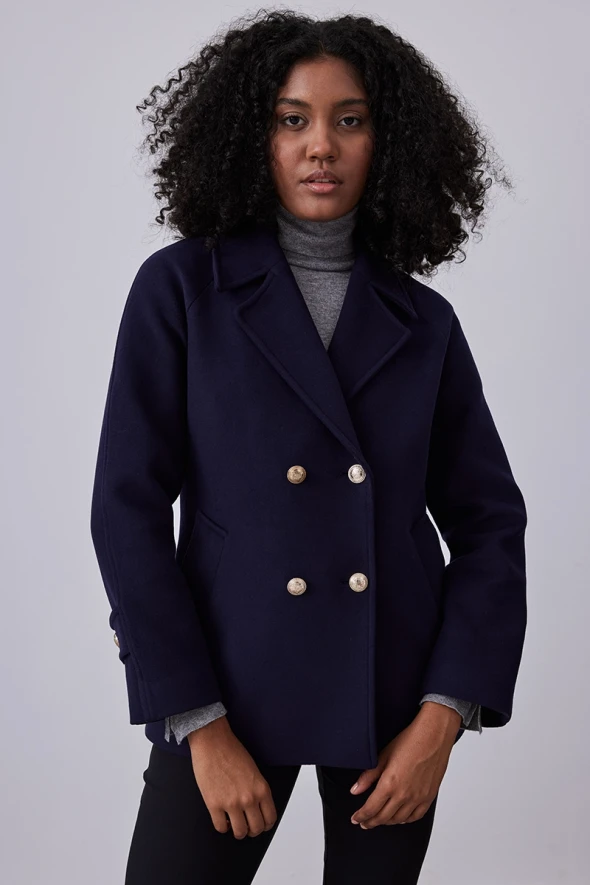 Buttoned Short Cashmere Coat - Navy - 4