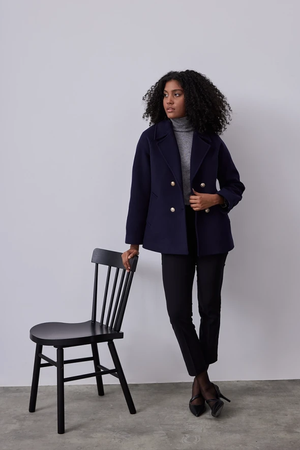 Buttoned Short Cashmere Coat - Navy - 2