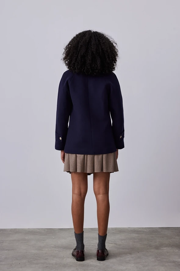 Buttoned Short Cashmere Coat - Navy - 5