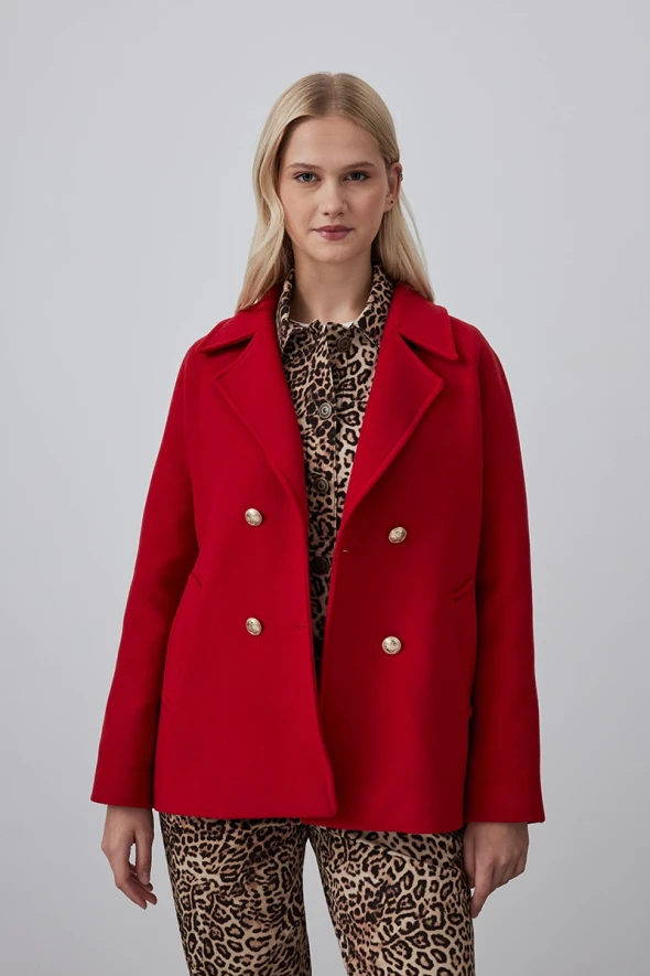 Buttoned Short Cashmere Coat - Red - 1