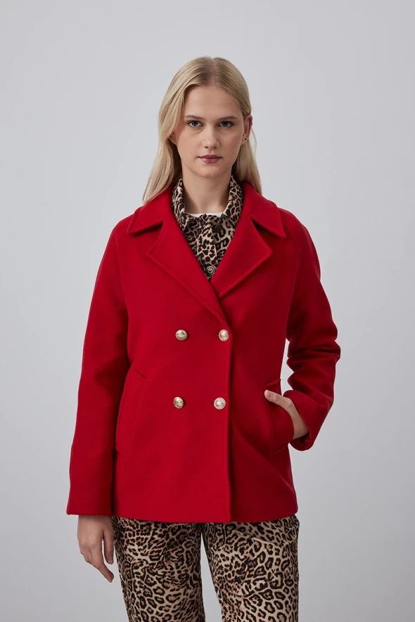 Buttoned Short Cashmere Coat - Red - 3