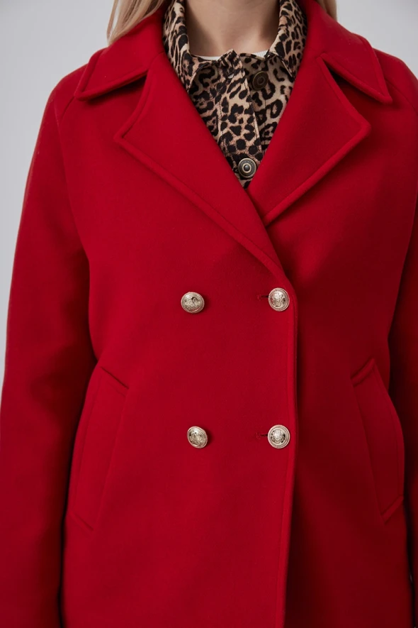 Buttoned Short Cashmere Coat - Red - 4