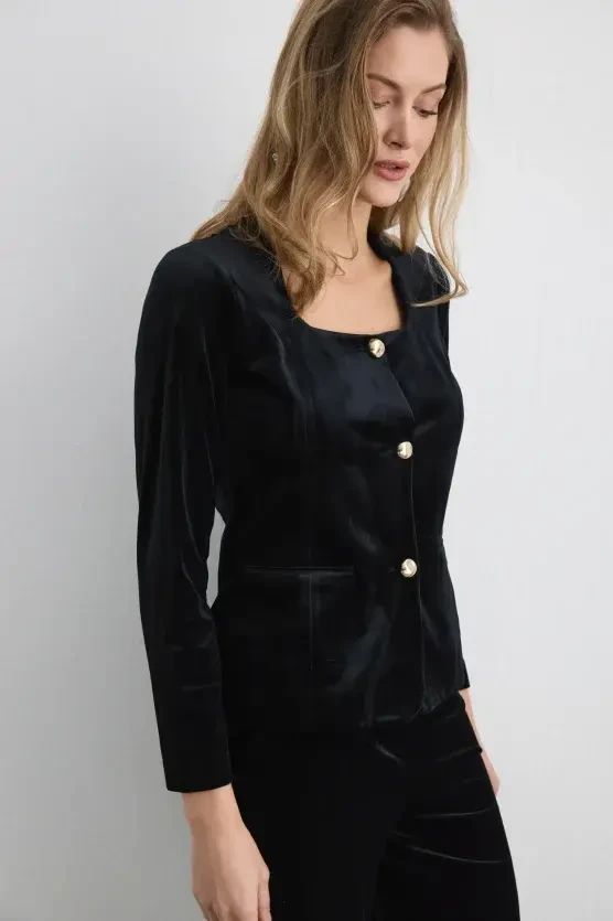 Buttoned Velvet Jacket - Black - 4
