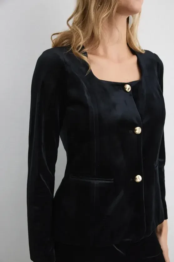 Buttoned Velvet Jacket - Black - 3