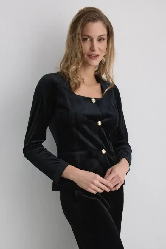 Buttoned Velvet Jacket - Black - Gusto