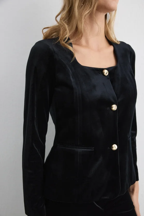 Buttoned Velvet Jacket Black - 3