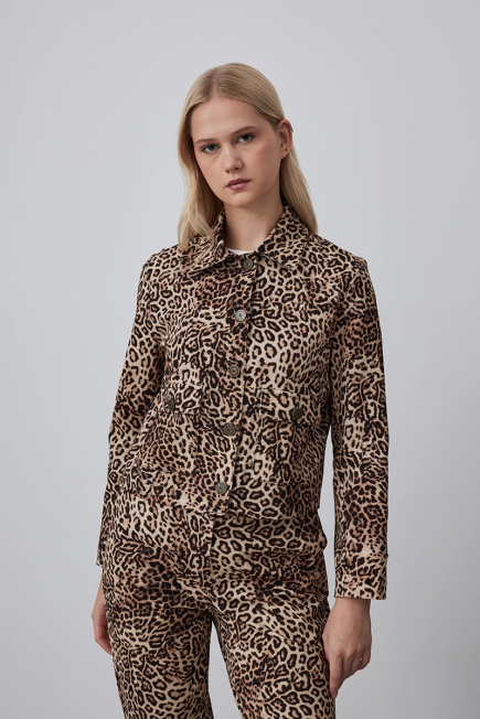 Canvas Jacket with Leopard Pattern - Brown Kahverengi