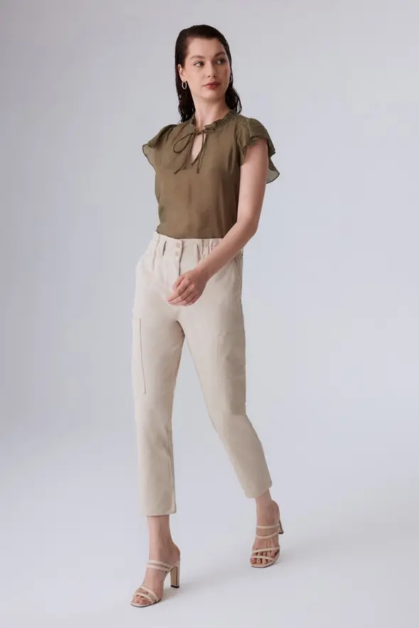 Canvas Pants with Side Pockets - Beige - 3