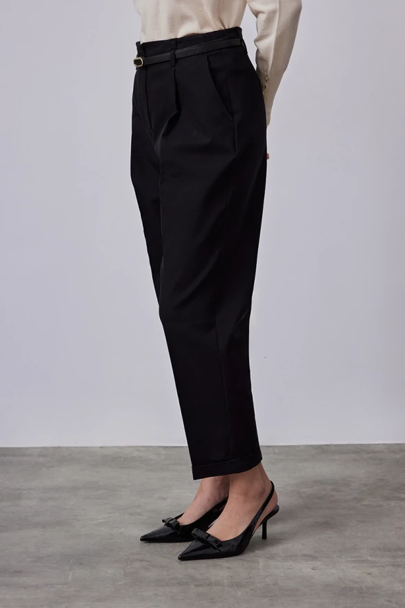 Carrot Pants with Belted Waist -Black - 3