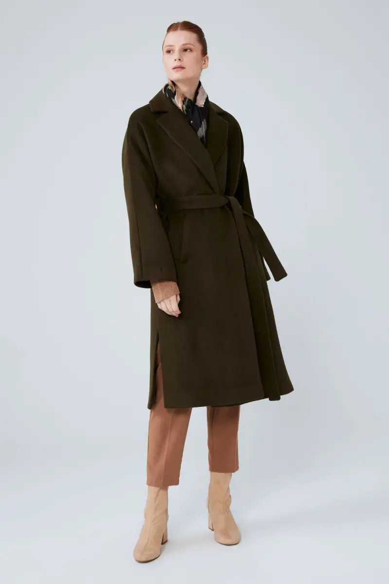 Cashmere Coat with Side Slits Khaki Autumn Winter Gusto