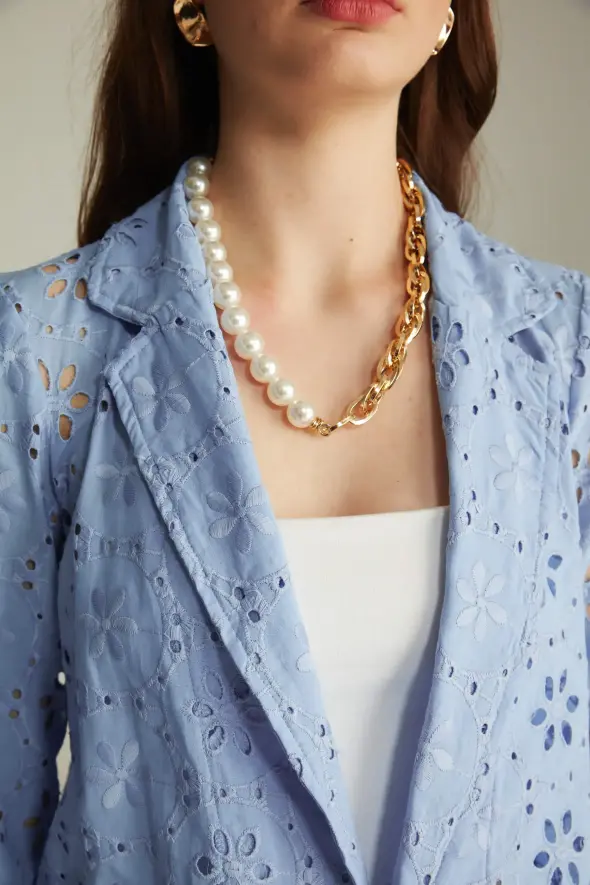 Chain Detail Pearl Necklace - White - 1