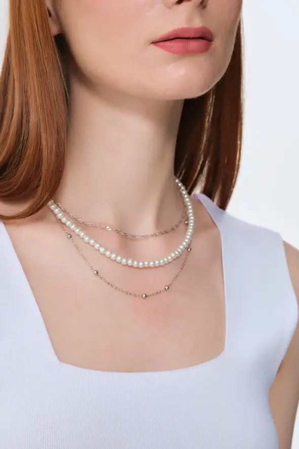Chain Detail Pearl Necklace - White - 1