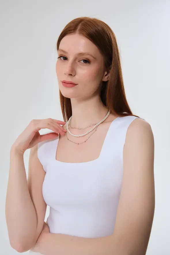 Chain Detail Pearl Necklace - White - 2
